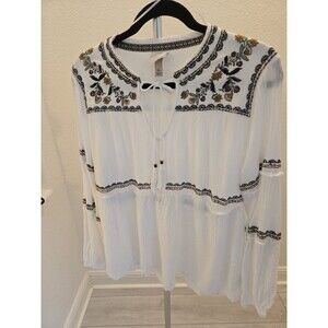 Knox Rose Women's XL White Embroidered Peasant Top Boho Blouse Tassel Tie
